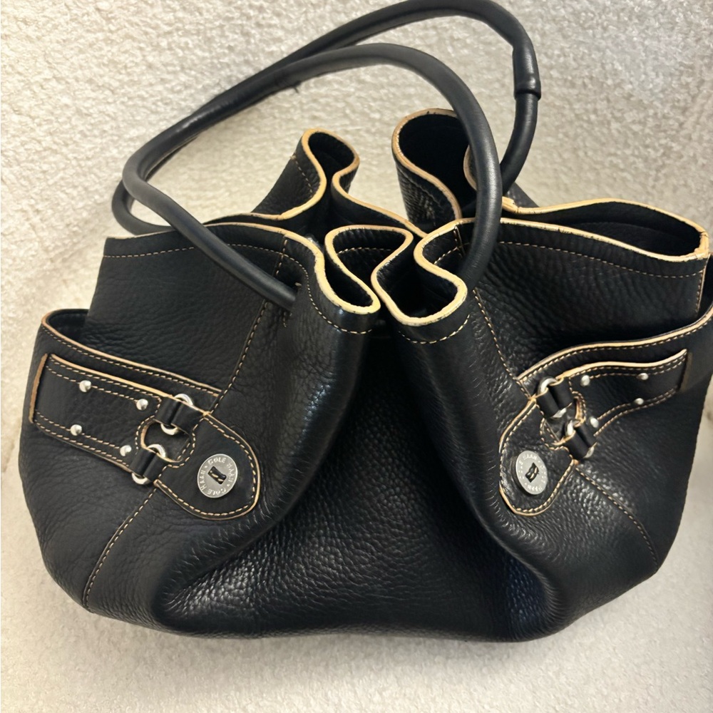 Cole Haan Black Leather Shoulder Bag with Buckle Details